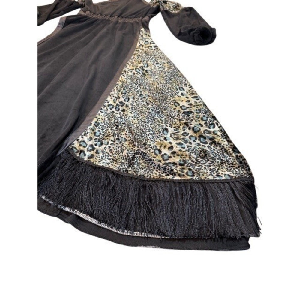 Gothic Black Velvet Maxi Dress Leopard Panels Fringe Renaissance Boho Womens SM - Picture 8 of 13